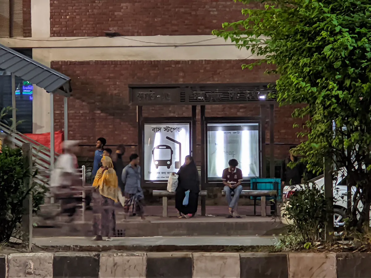 A bus-stop bench with restrictive seating design.